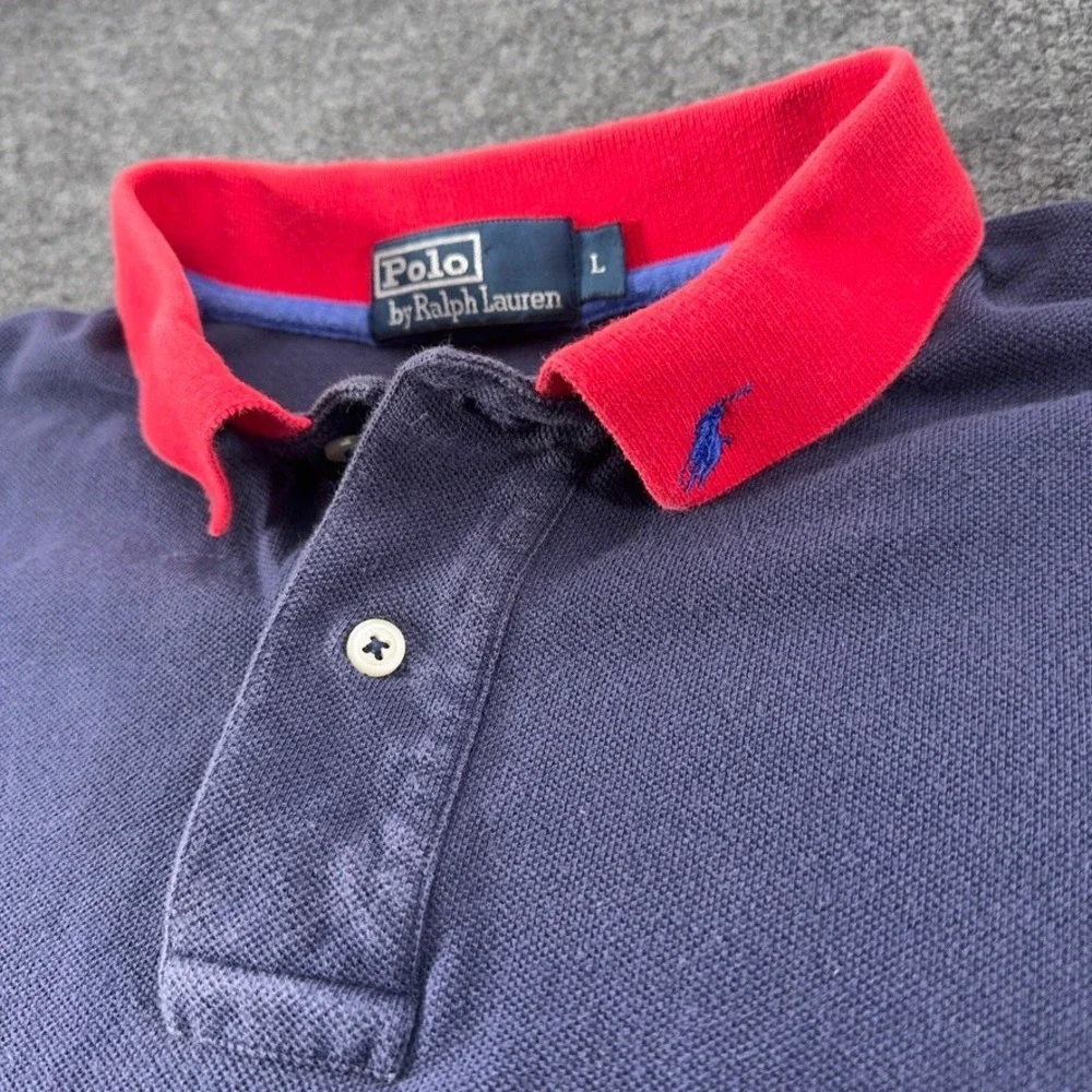 Polo Ralph Lauren Mens Navy Blue Polo Shirt Red Collar Vintage Pony Logo Large
